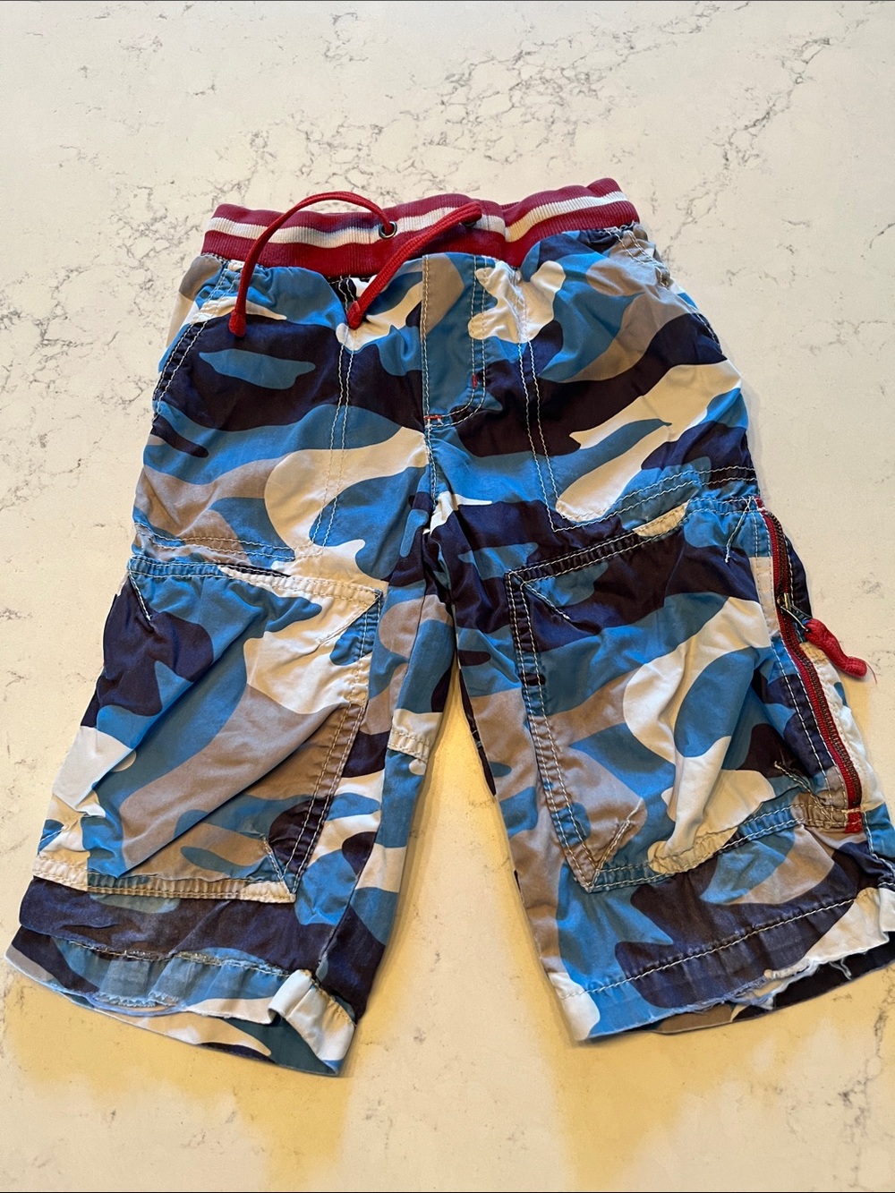 Mini Boden Blue Camouflage Cargo Shorts with Red Waistband